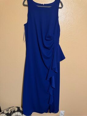 Alex Evenings Royal Blue Sleeveless Midi Dress with Side Ruffle